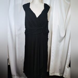 Dressbarn Sleeveless Midi Dress, Black V- Neck , Zipper, Pleated Waist Sash, 18W